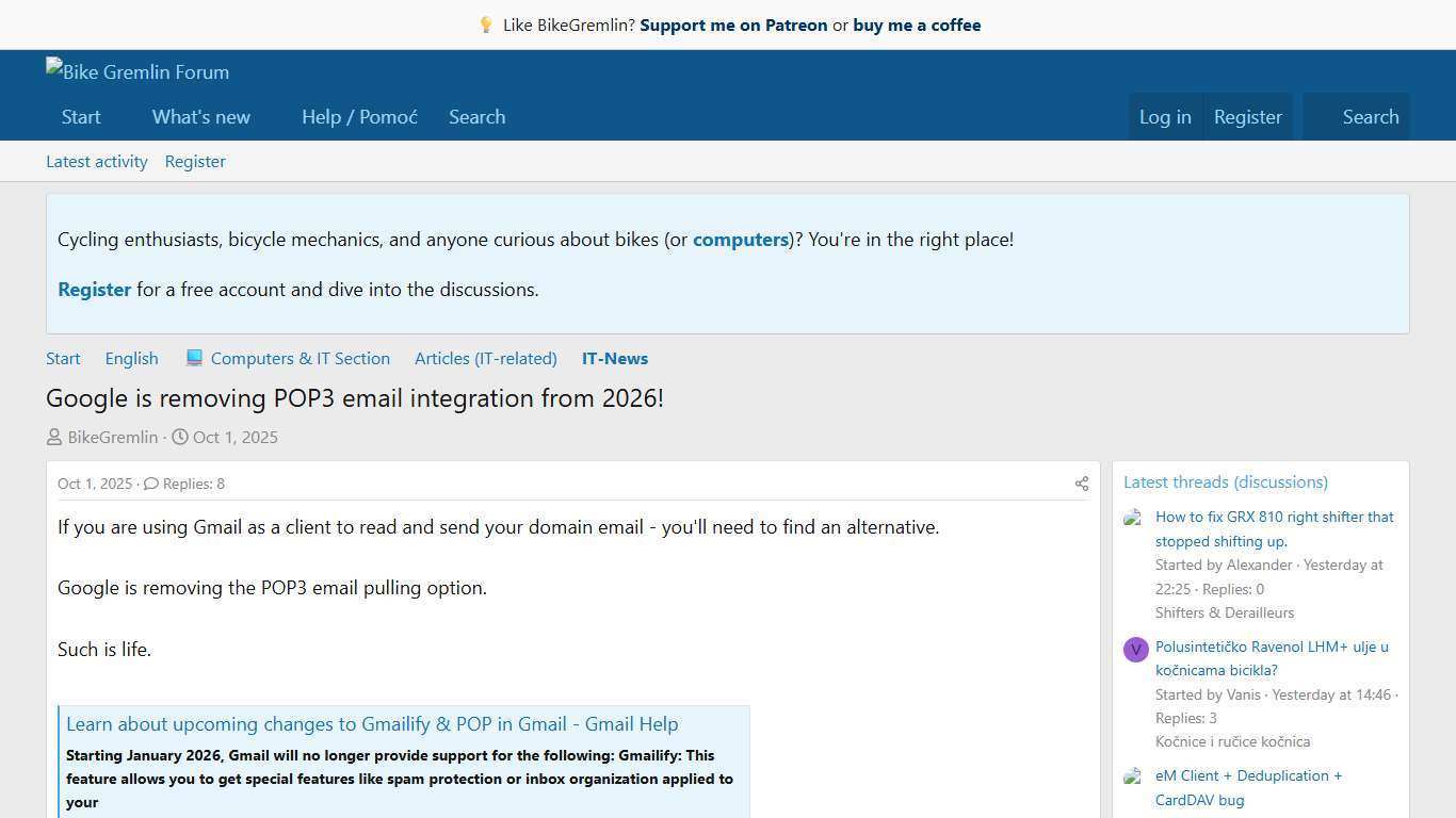 Google is removing POP3 email integration from 2026! | Bike Gremlin Forum